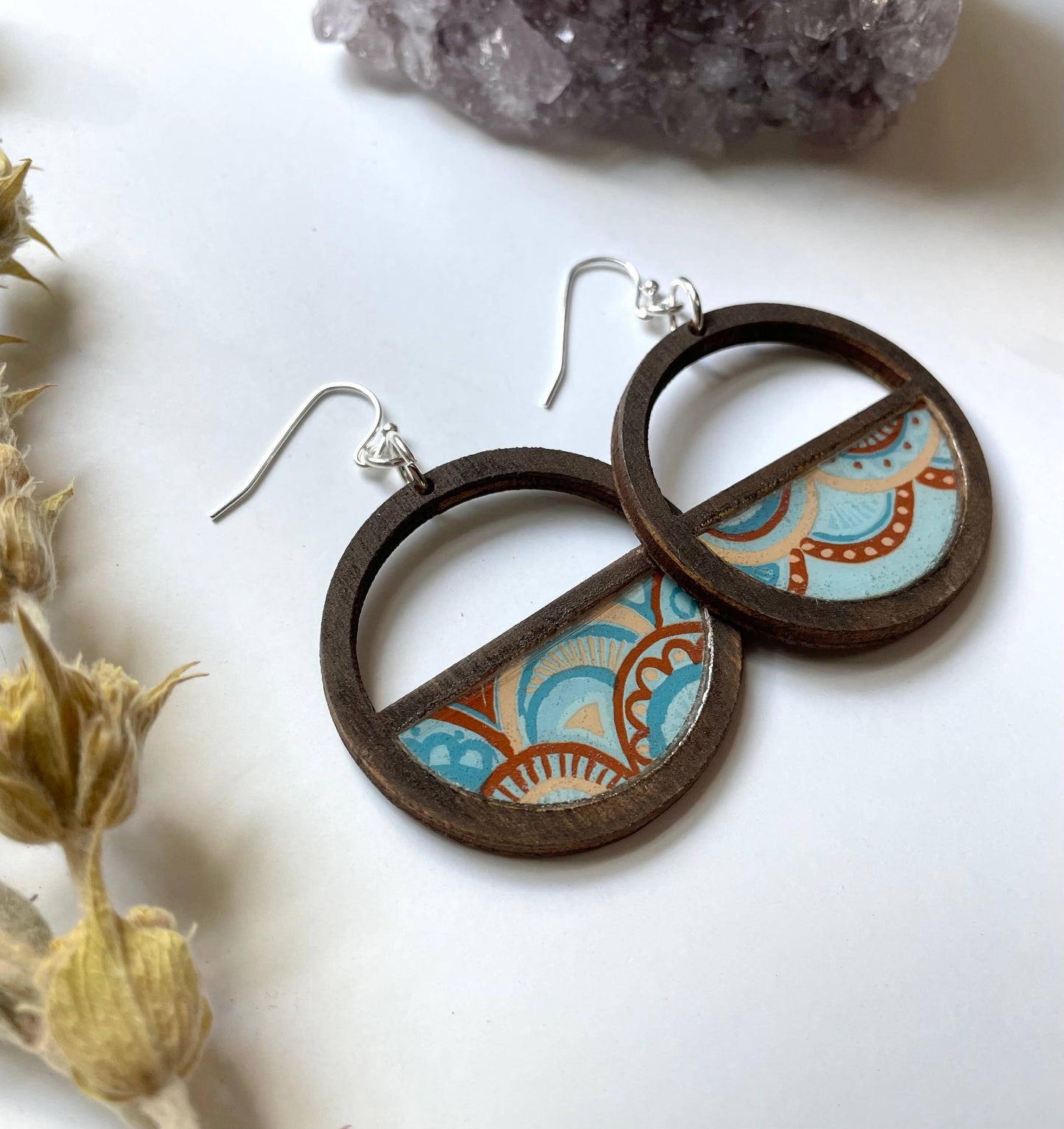 Natural Dark Wood Earrings - blue deco inspired, light!