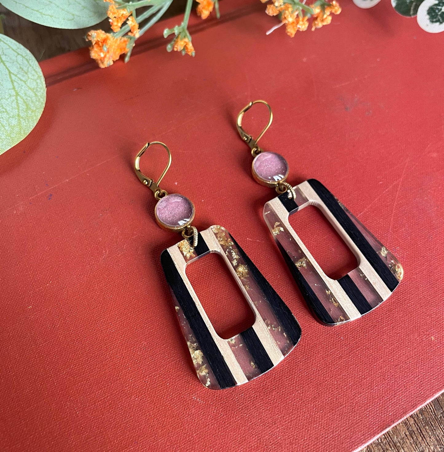 Mod Black, White Earrings - fall, gold, striped, colorblock
