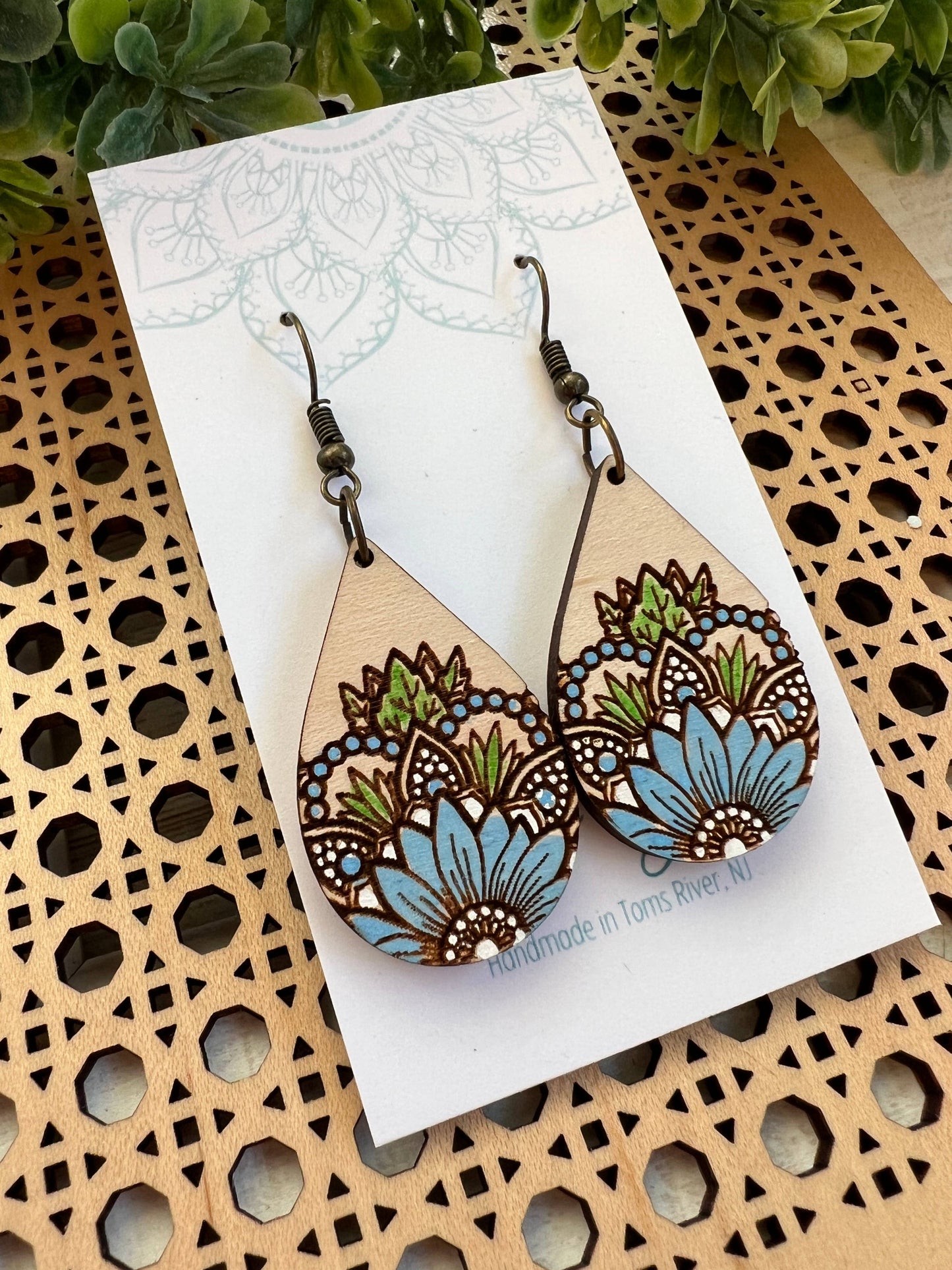 Sunflower blue hand painted lightweight wood earrings
