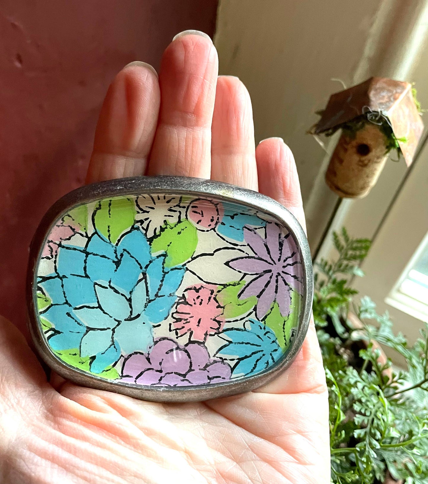 Belt buckle, pastels - vintage flowers, preppy, pink + green