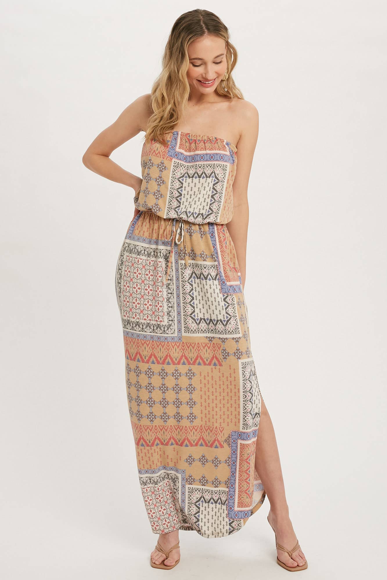 PATCHWORK PRINT TUBE MAXI DRESS