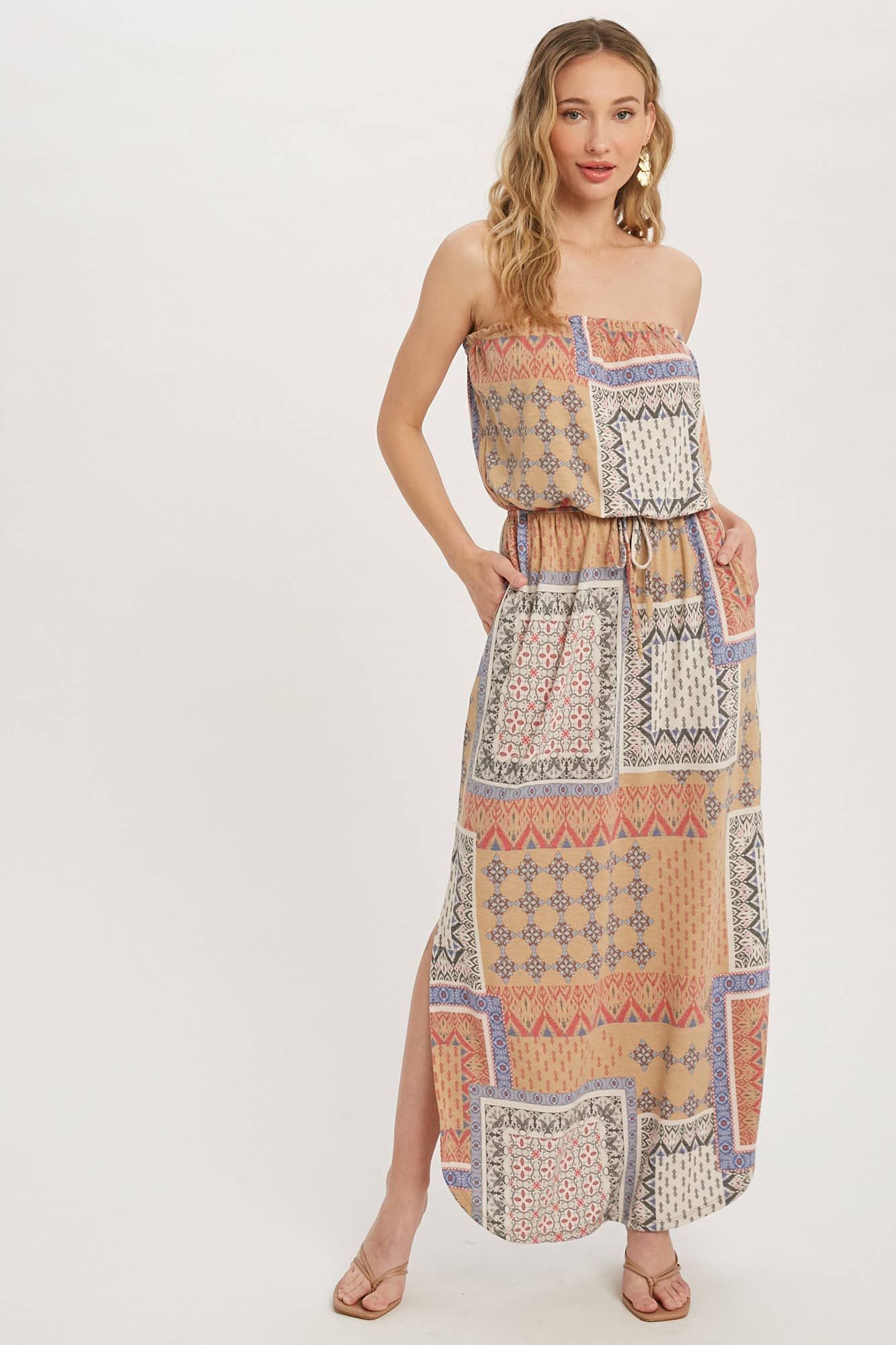PATCHWORK PRINT TUBE MAXI DRESS