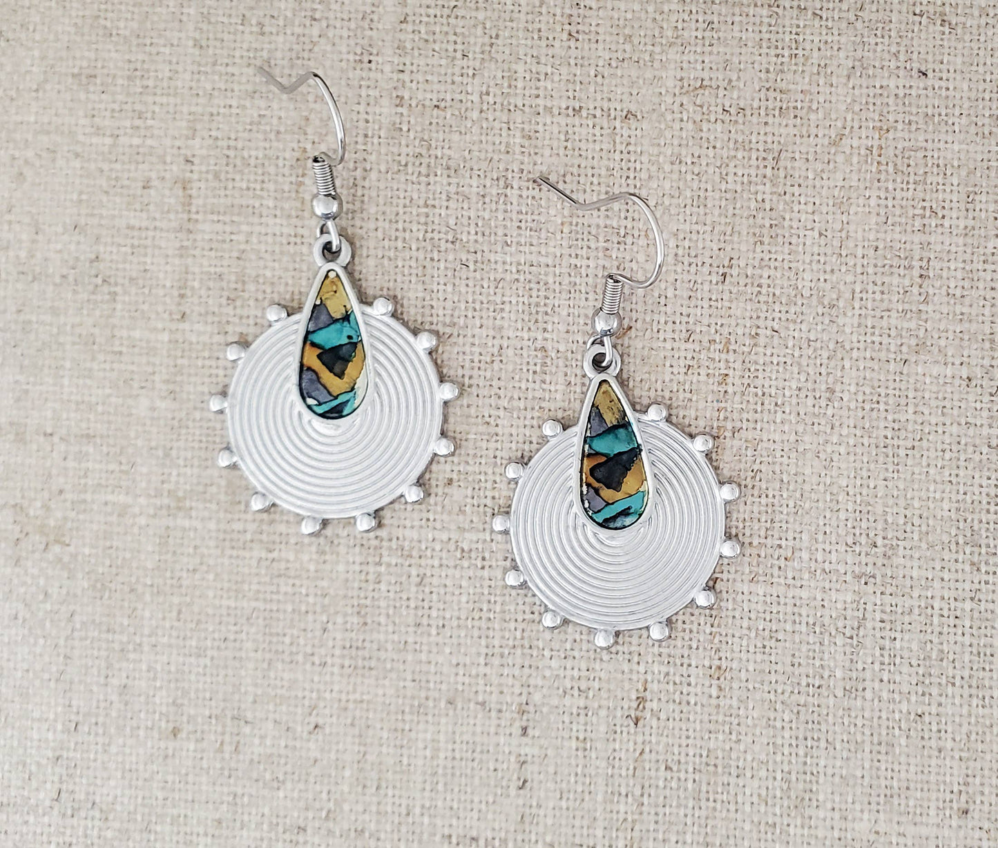 Alcohol Ink Stainless Steel Circle & Teardrop Earrings