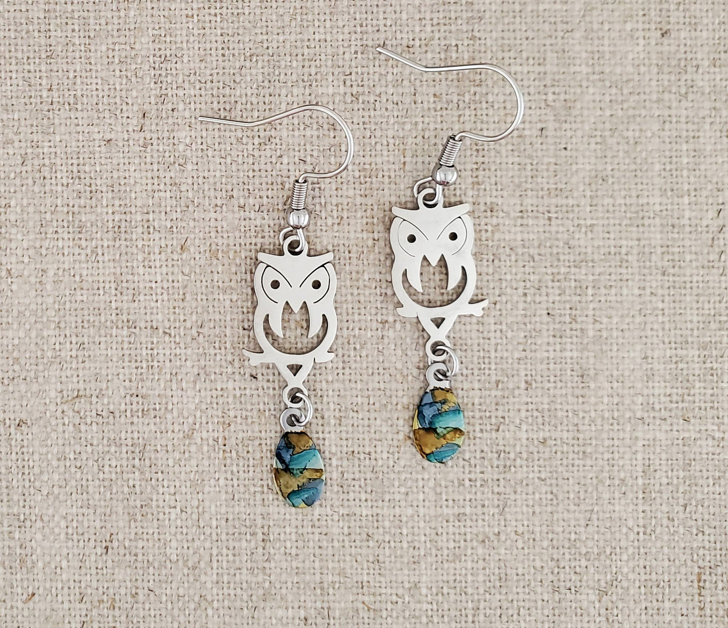 Alcohol Ink Stainless Owl Connector Earrings