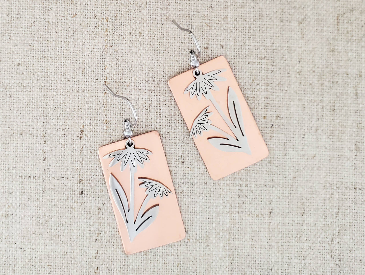 Stainless and Copper Dual Flower Layered Earrings
