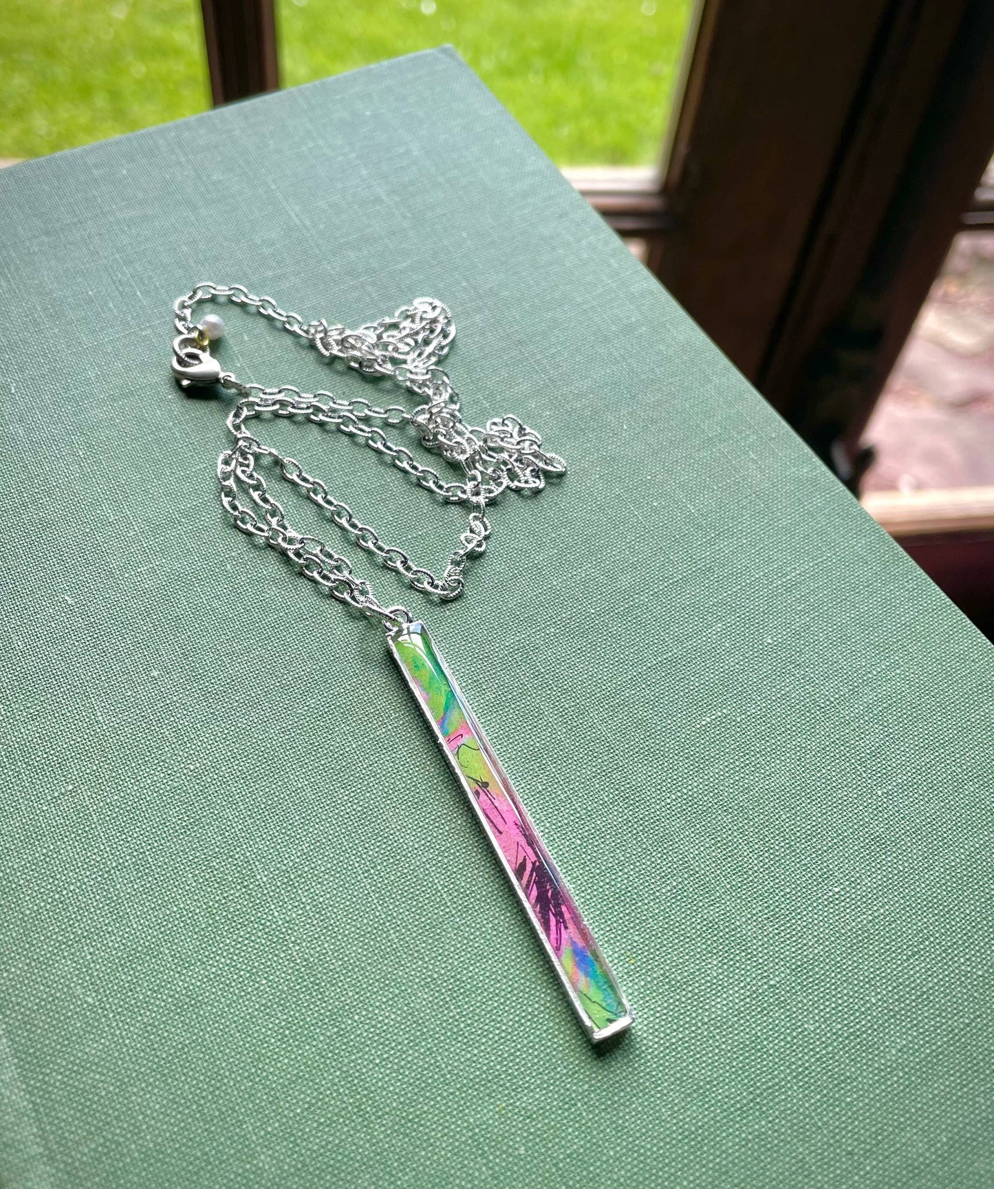 Long slim silver rectangle necklace - preppy pink, green