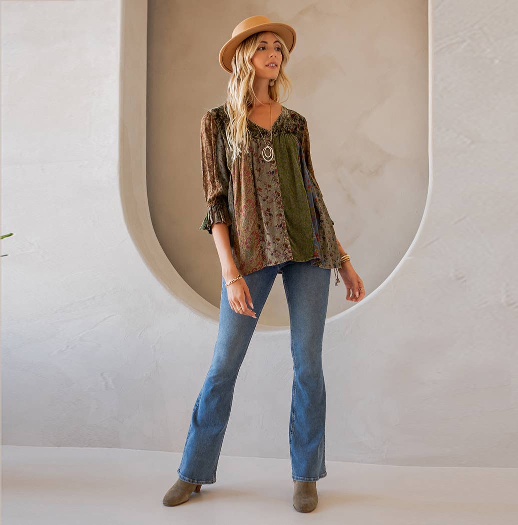 Vintage Bohemian : Patchwork Velvet Top SIZE - XS TO 3X New