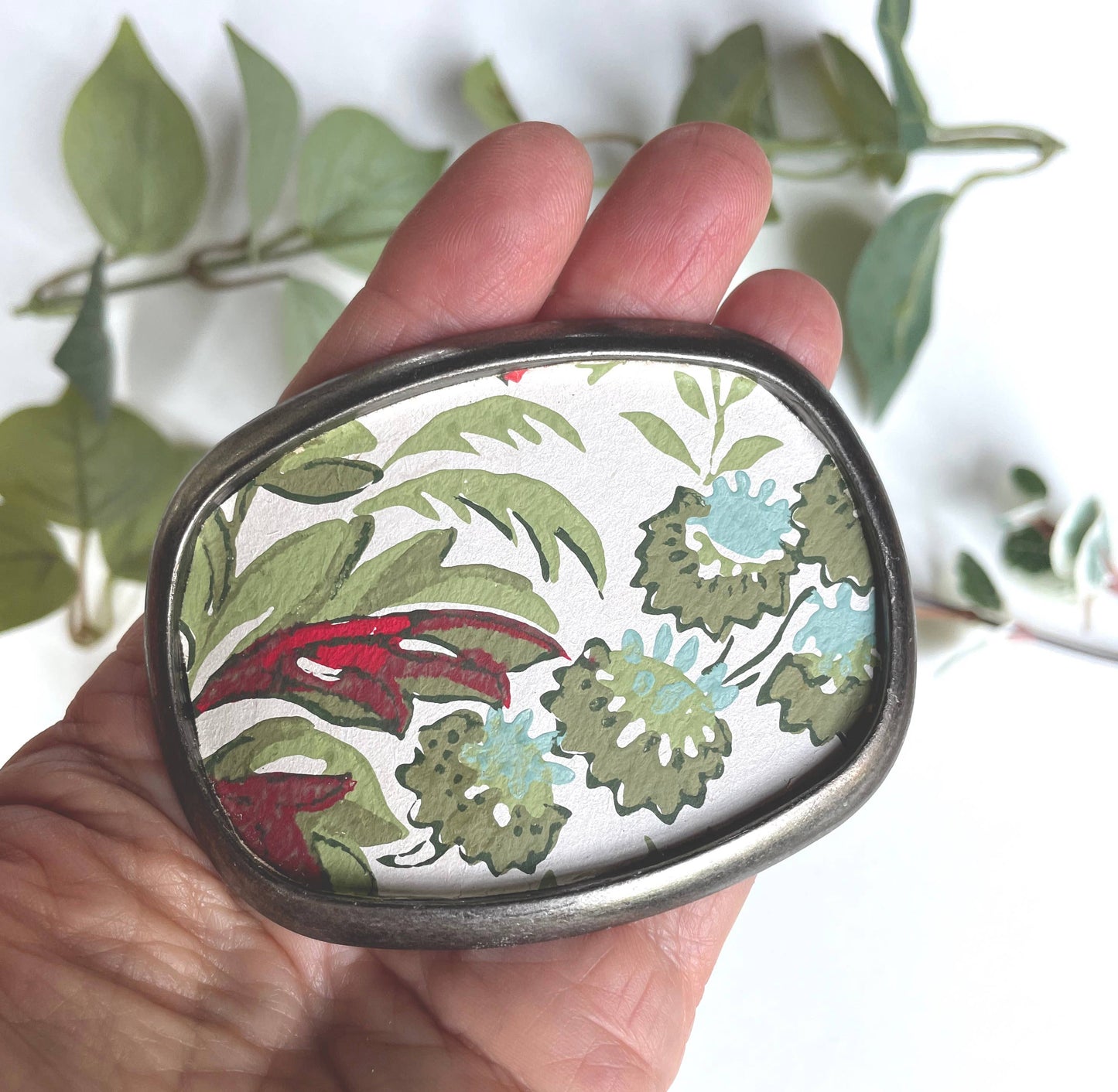 Belt buckle - earthy red blooms, garden greens, florals