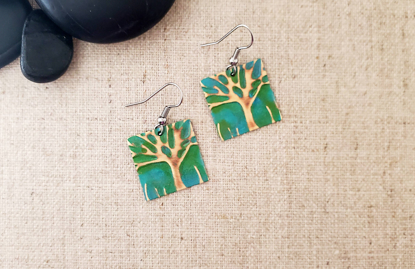 Small Square Embossed Tree Paint Patina Earrings