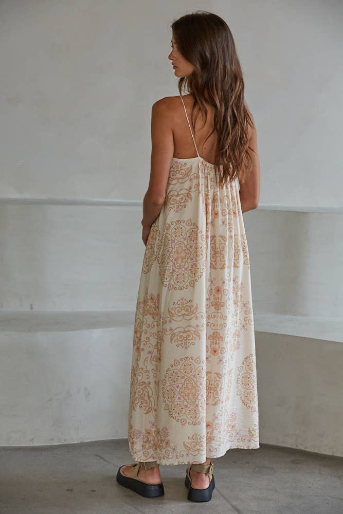 Woven Rayon Nylon Mandala Floral Print Midi Dress