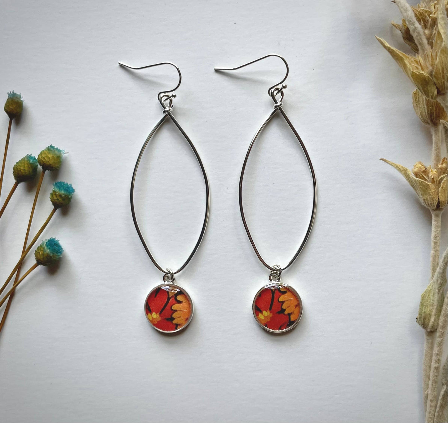 Silver Navette Drop Earrings - poppies, red orange flowers