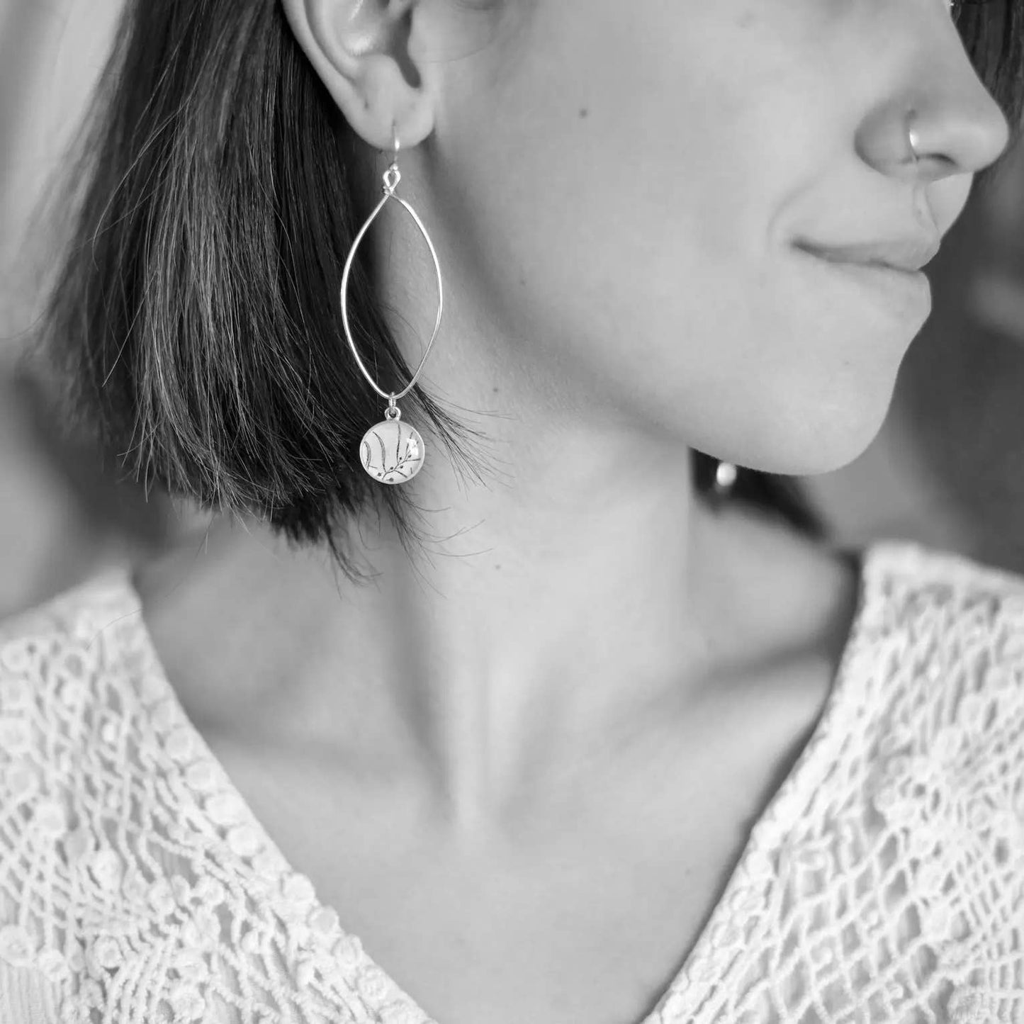 Silver Navette Drop Earrings - poppies, red orange flowers