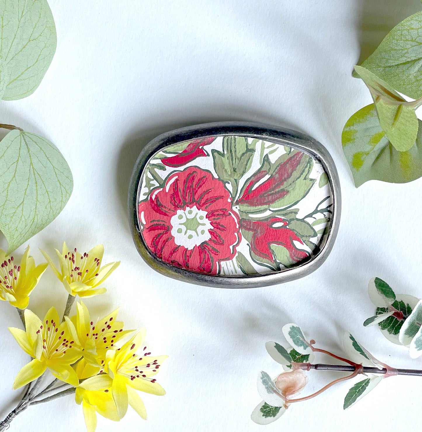 Belt buckle - earthy red blooms, garden greens, florals