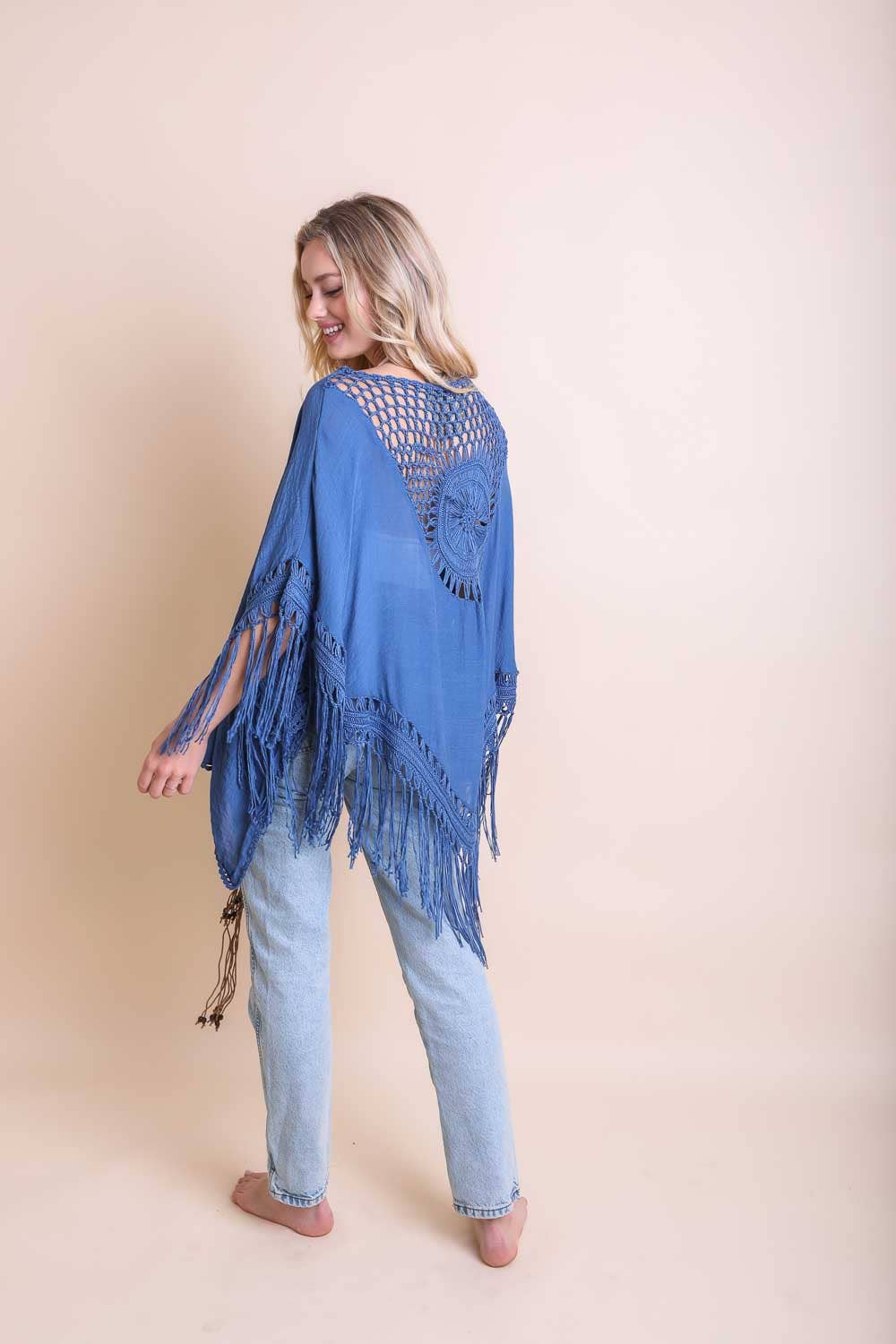 Festival-Ready Crochet Back Tasseled Kimono Jacket π€