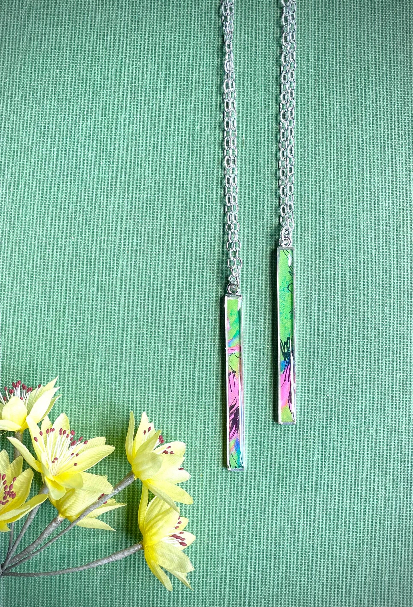 Long slim silver rectangle necklace - preppy pink, green