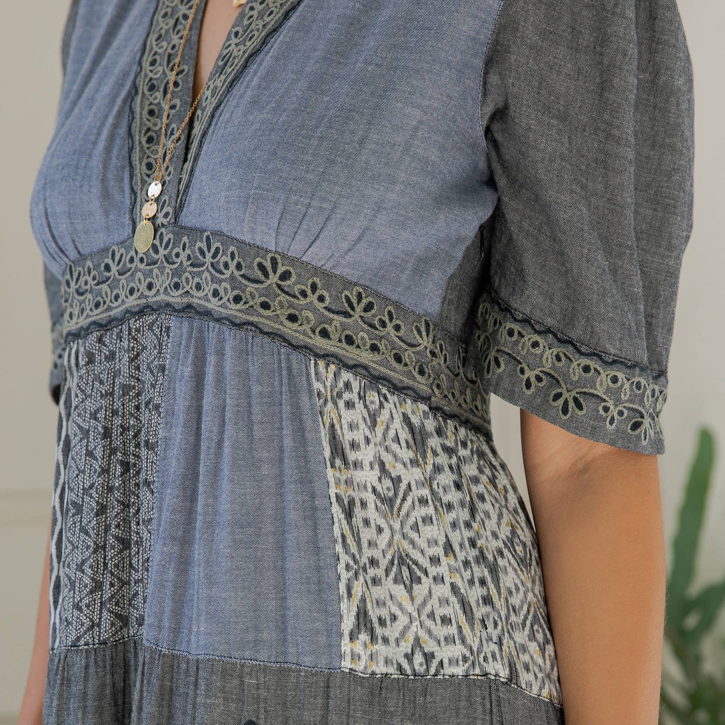 Eclectic Charm: Stone-Washed Rayon V-Neck Long Dress New