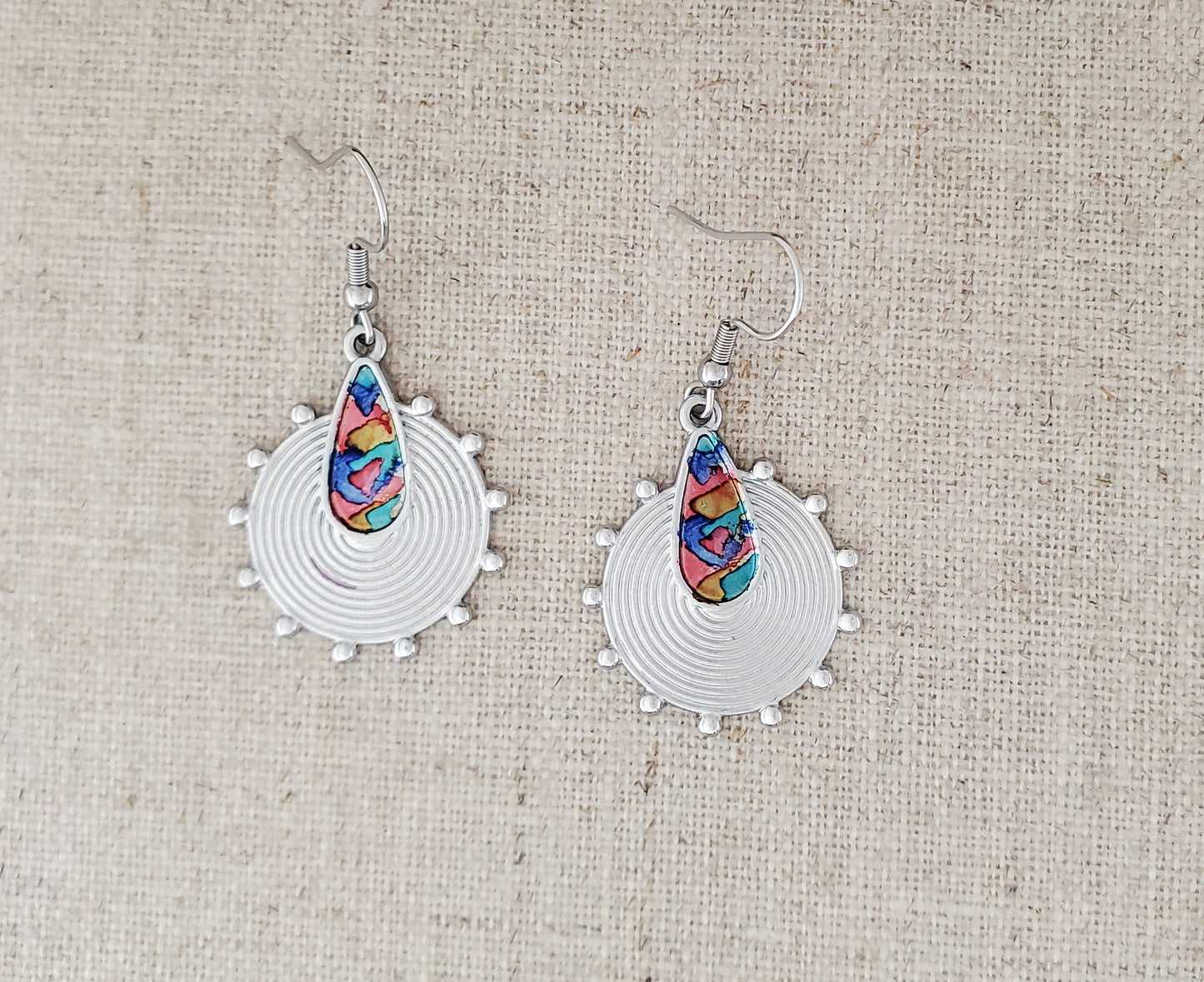 Alcohol Ink Stainless Steel Circle & Teardrop Earrings