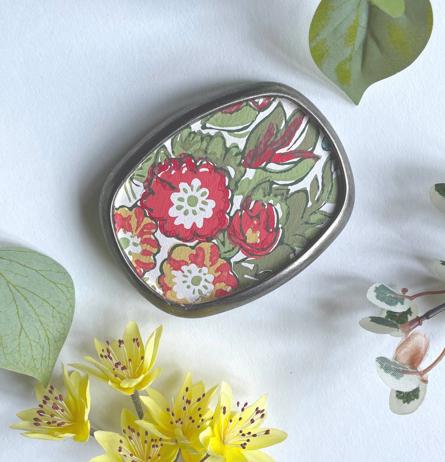 Belt buckle - earthy red blooms, garden greens, florals
