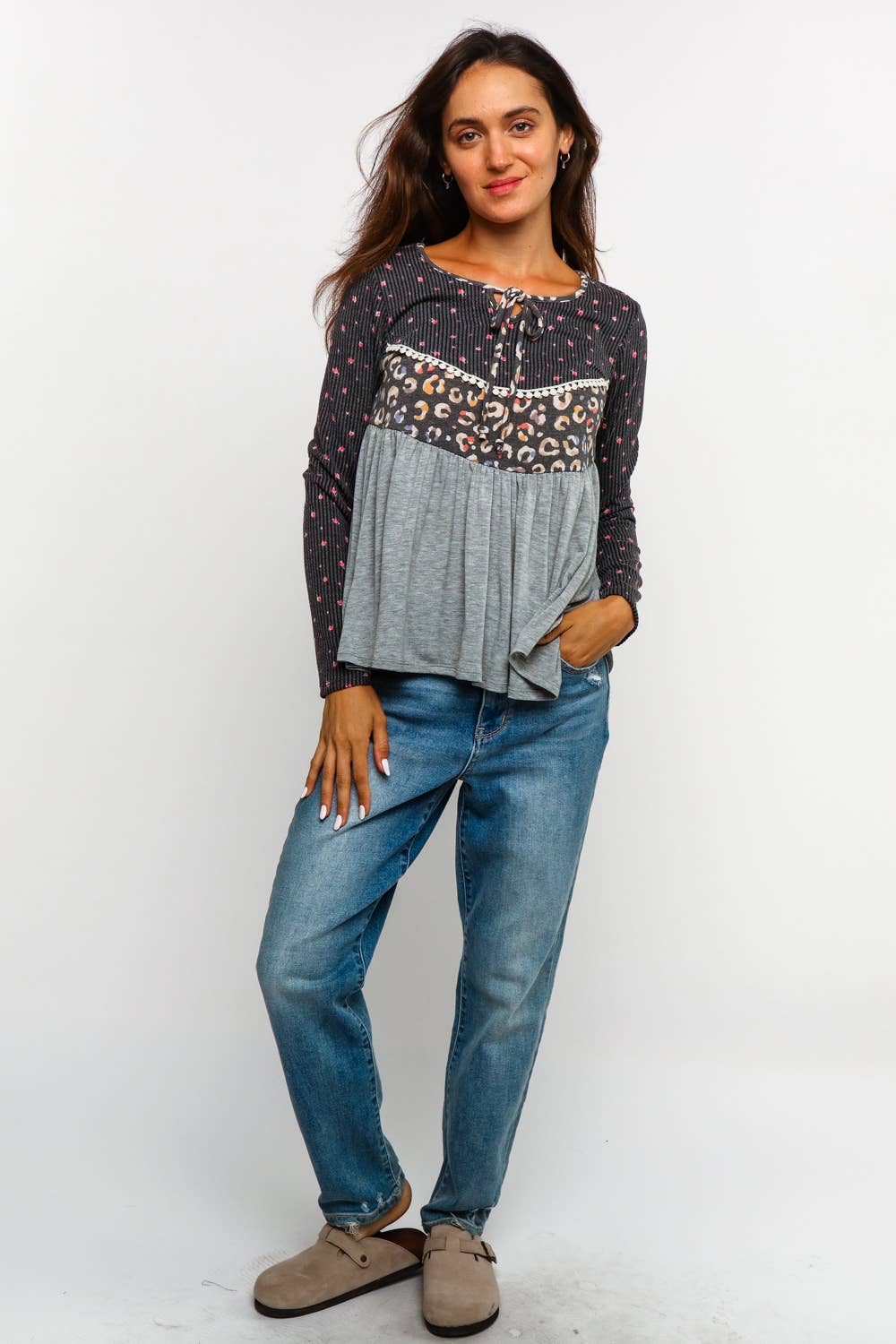 FLORAL LEOPARD BABYDOLL KNIT TOP