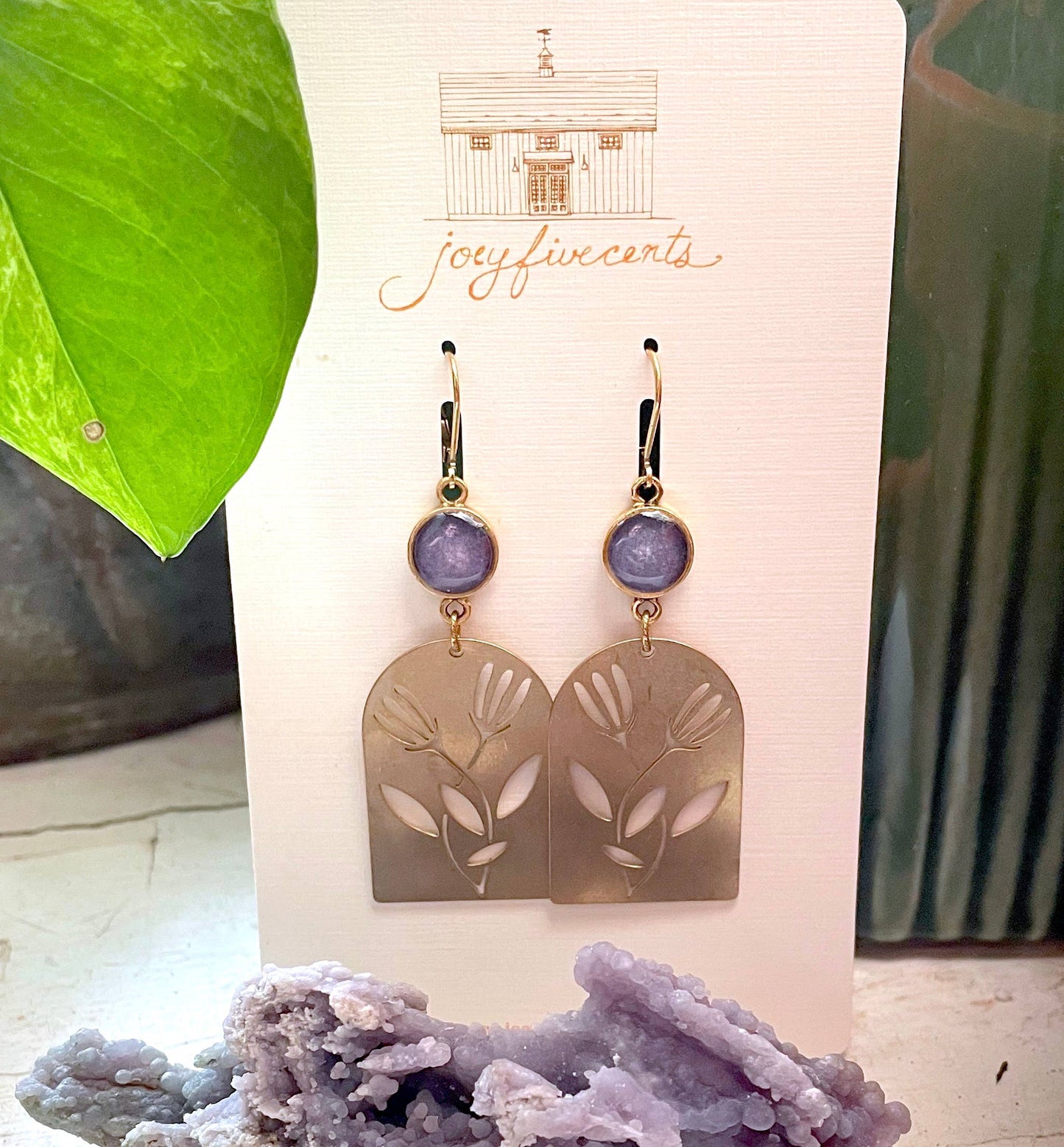 Gold & raw brass lotus drops - flowers, boho, aubergine