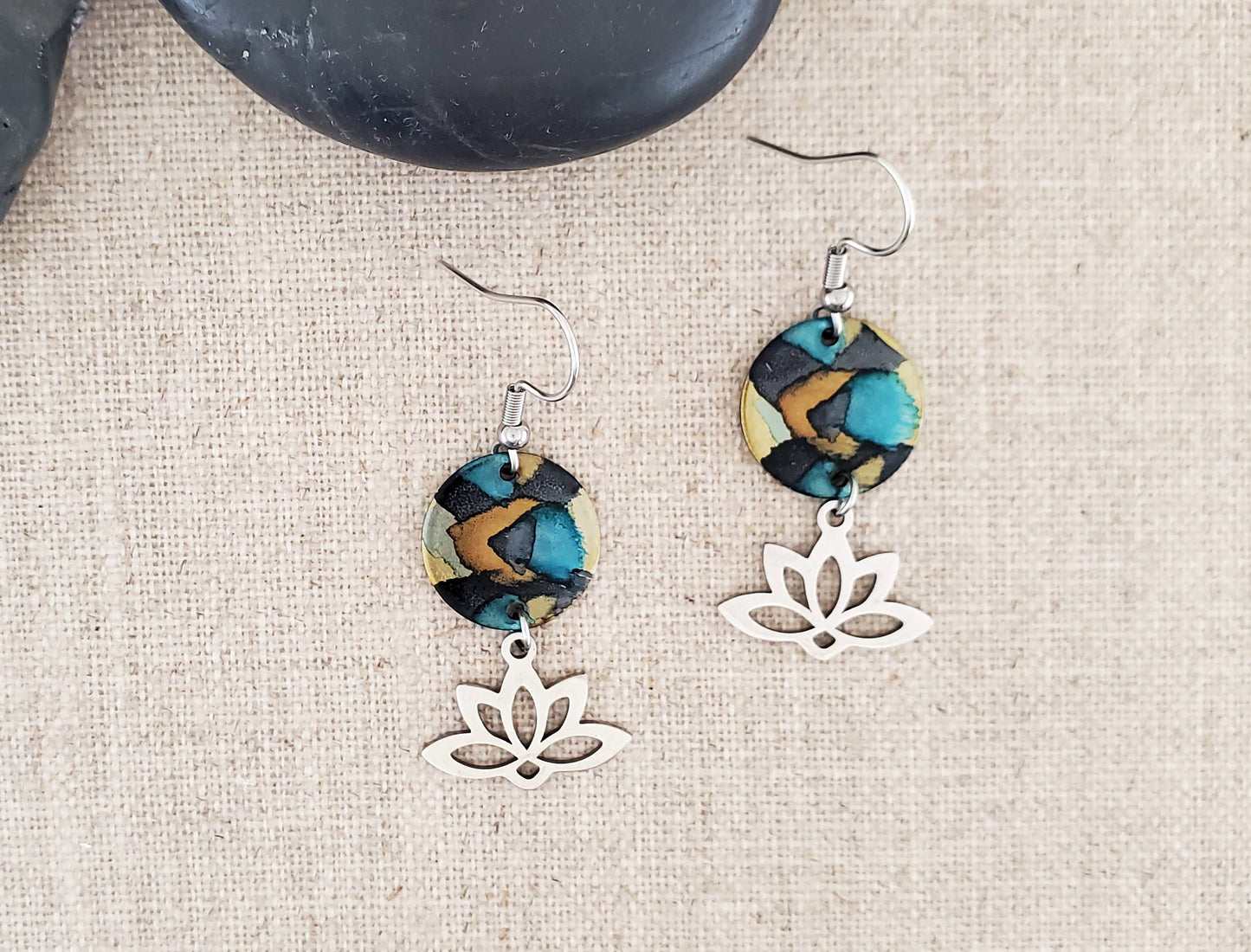 Alcohol Ink Stainless Steel Connector Lotus Earrings