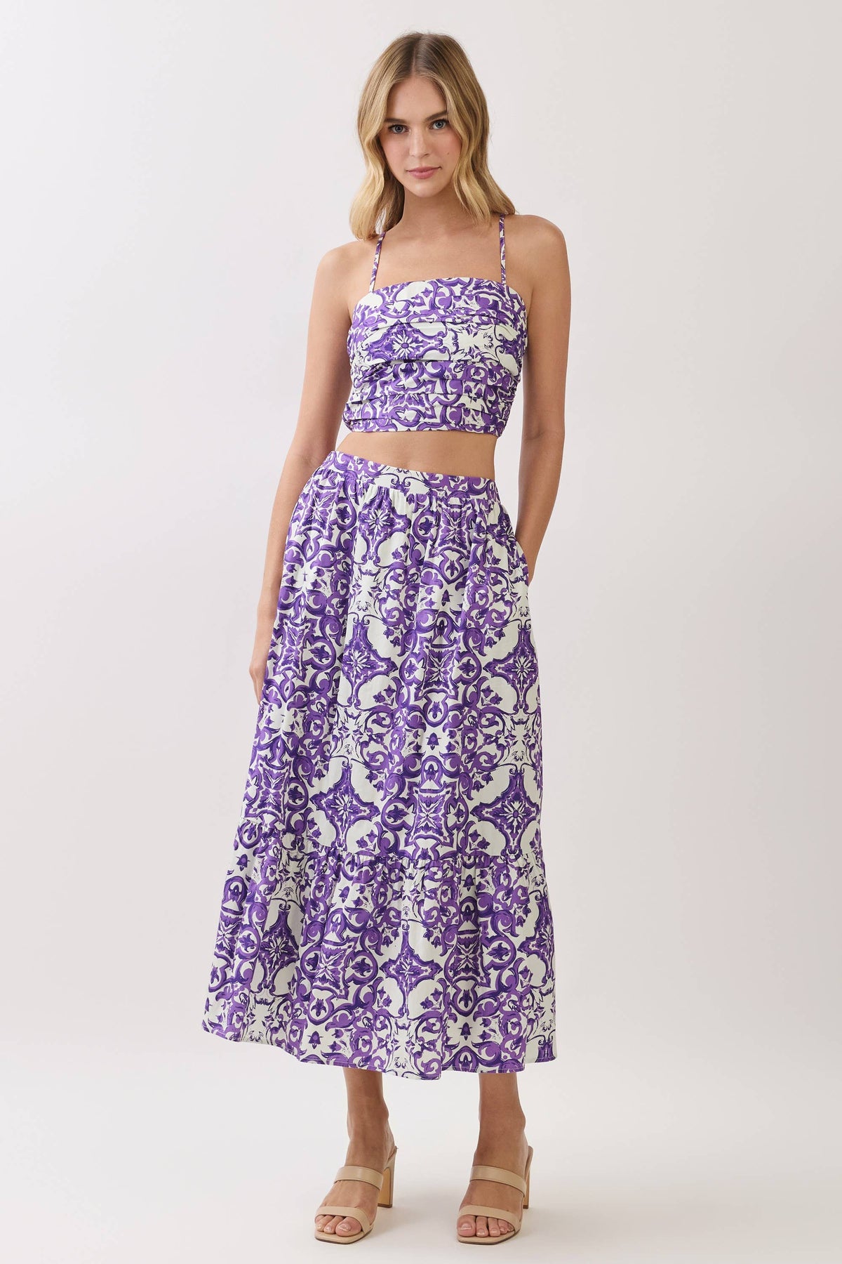 Baroque Print Tiered Midi Skirt