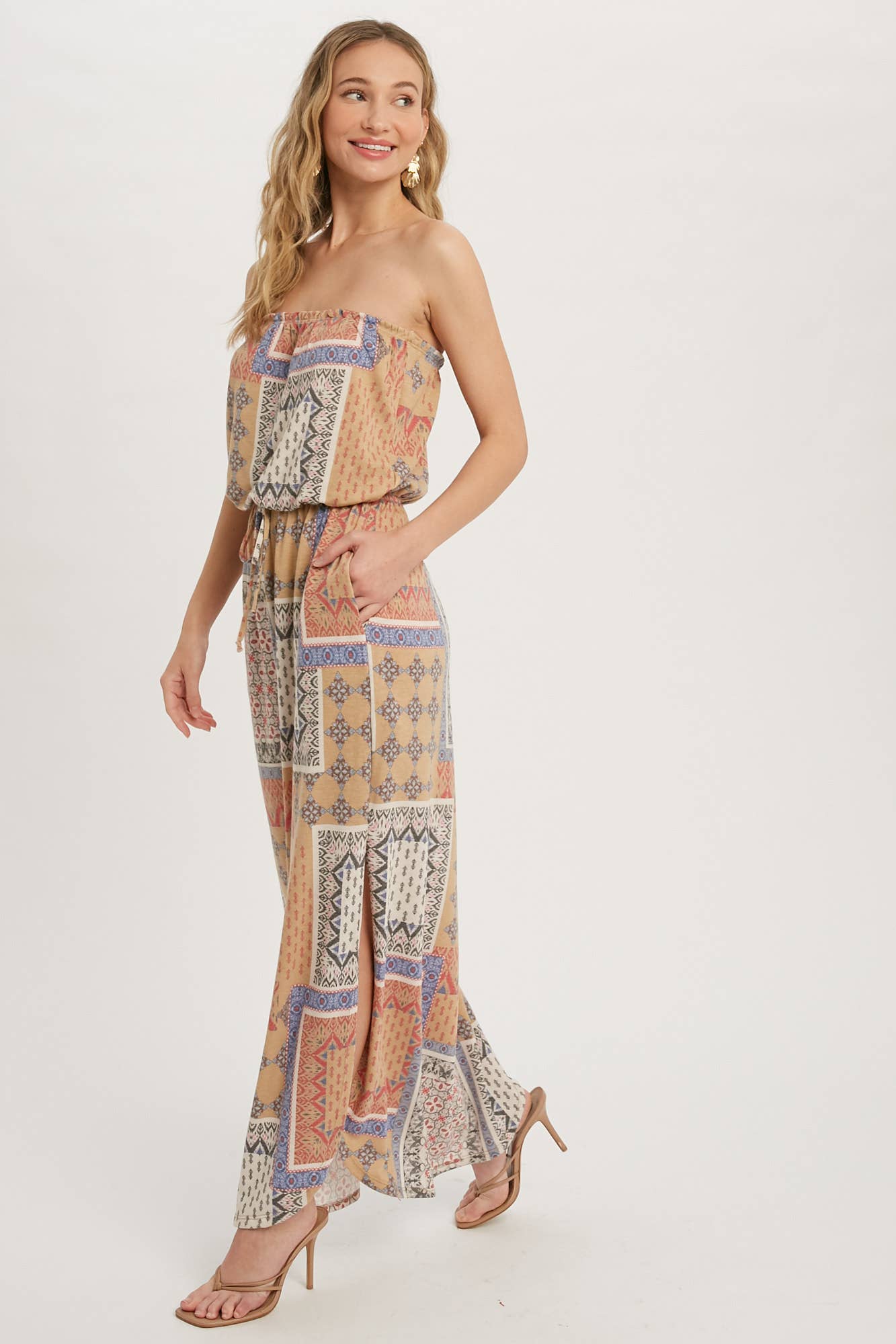 PATCHWORK PRINT TUBE MAXI DRESS