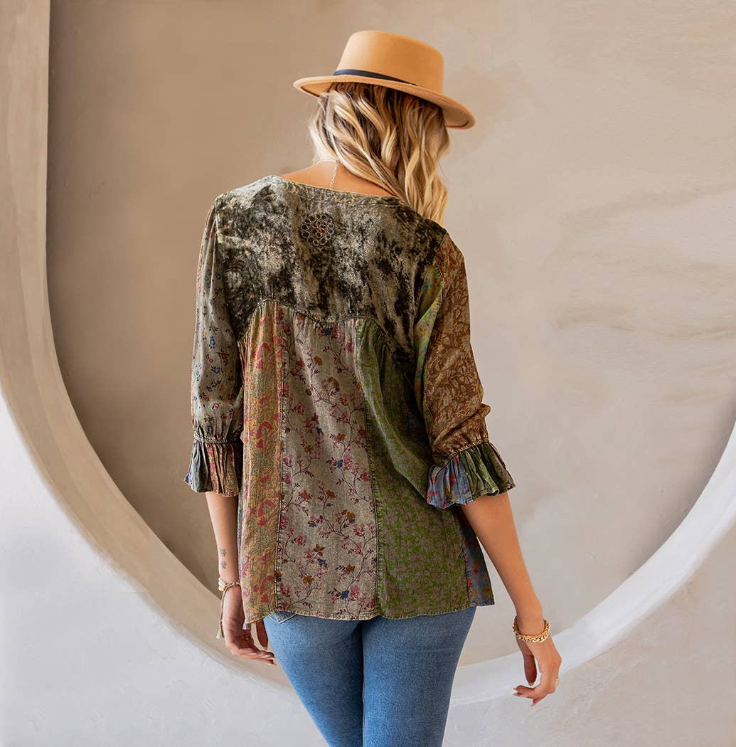 Vintage Bohemian : Patchwork Velvet Top SIZE - XS TO 3X New
