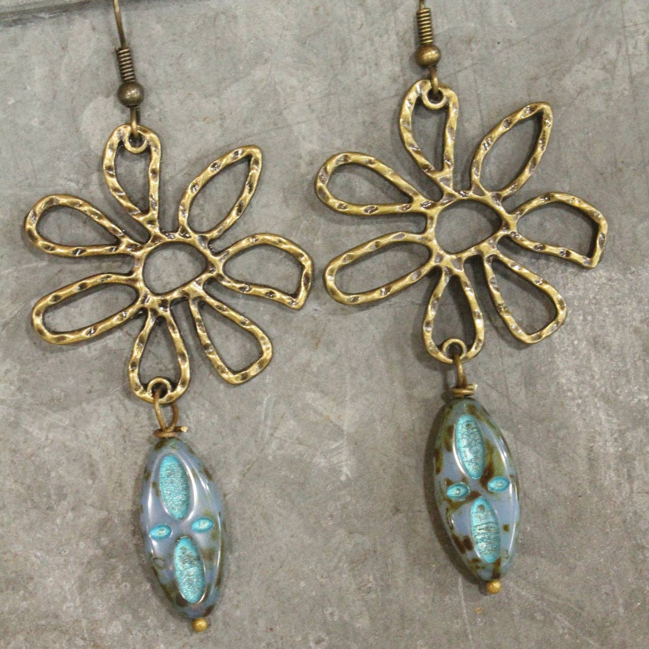 Hammered Wildflower & Glass Czech Pendant Drop Earrings