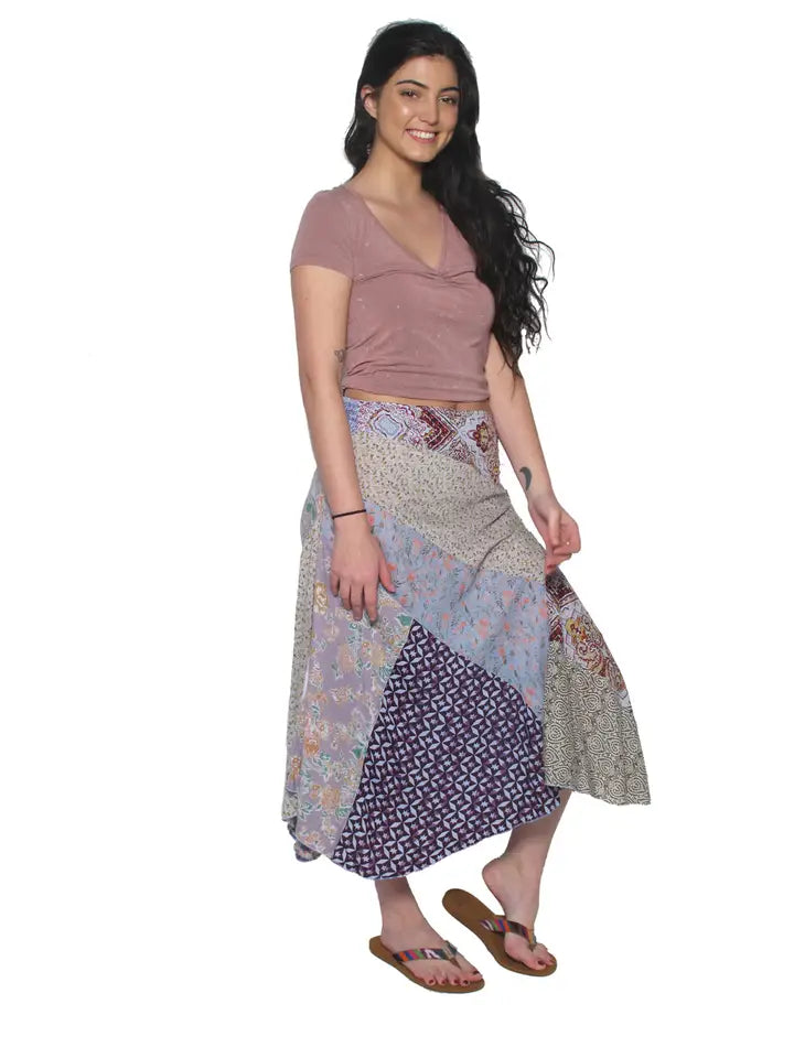 Boho Patchwork Flare Midi Skirt
