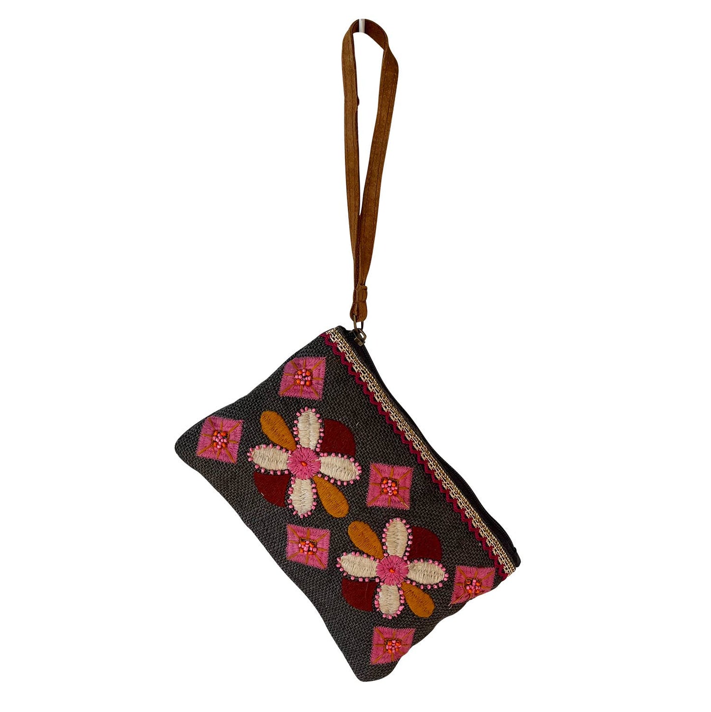 Charcoal Flowers Cotton Polyester Unisex Beaded Wristlet