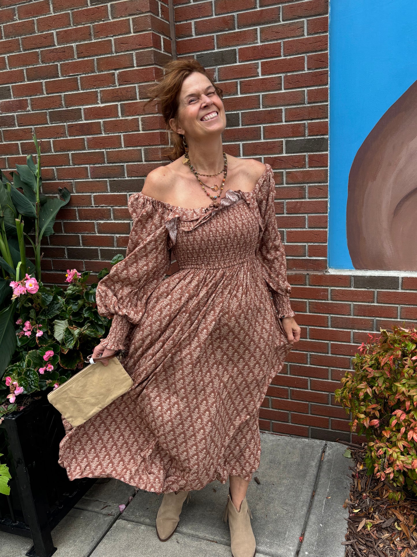 Mocha Brown Smocked Floral Dress 🌸✨