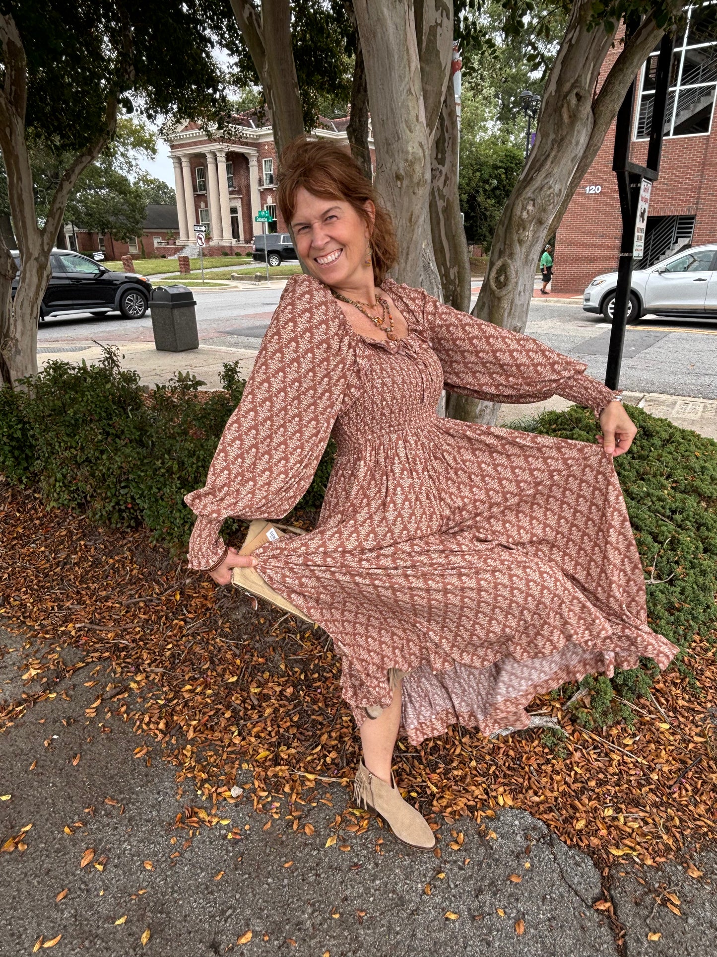 Mocha Brown Smocked Floral Dress 🌸✨