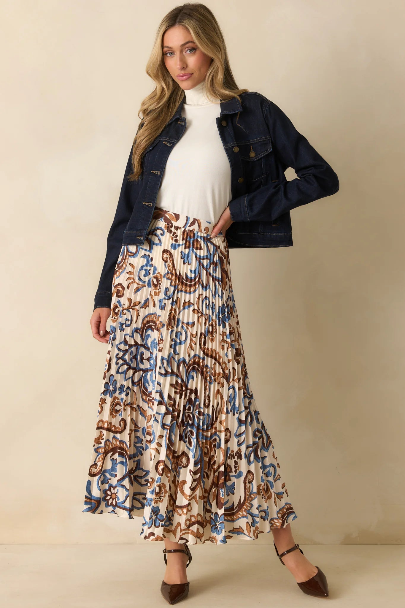 Pleated Paisley Maxi Skirt