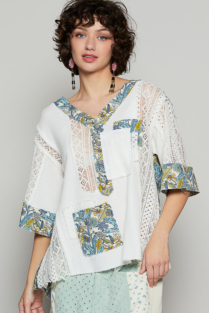 V-neck short sleeve patch work regular fit top