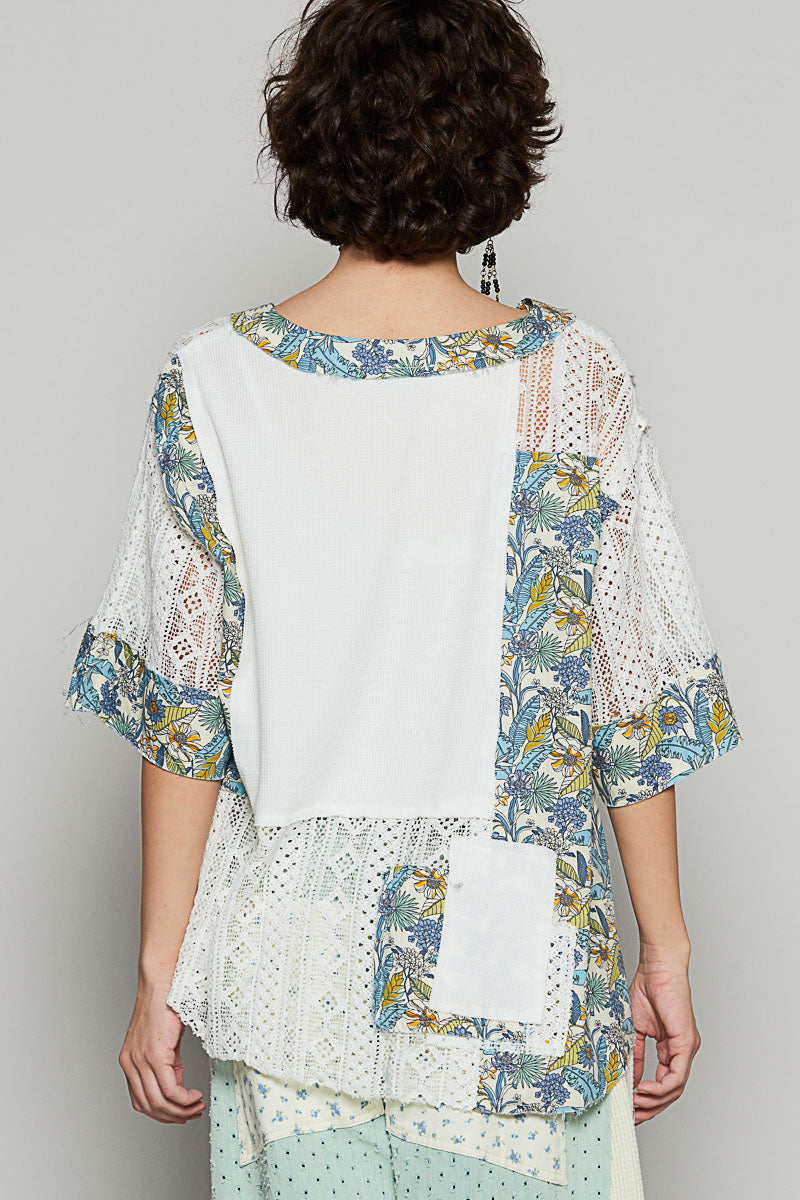 V-neck short sleeve patch work regular fit top