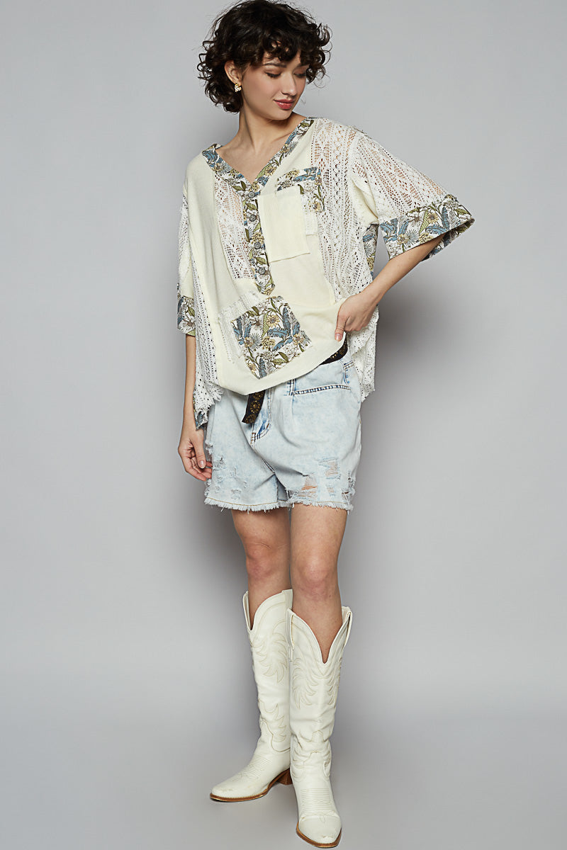 Bohemian Patchwork Short Sleeve V Neck Top