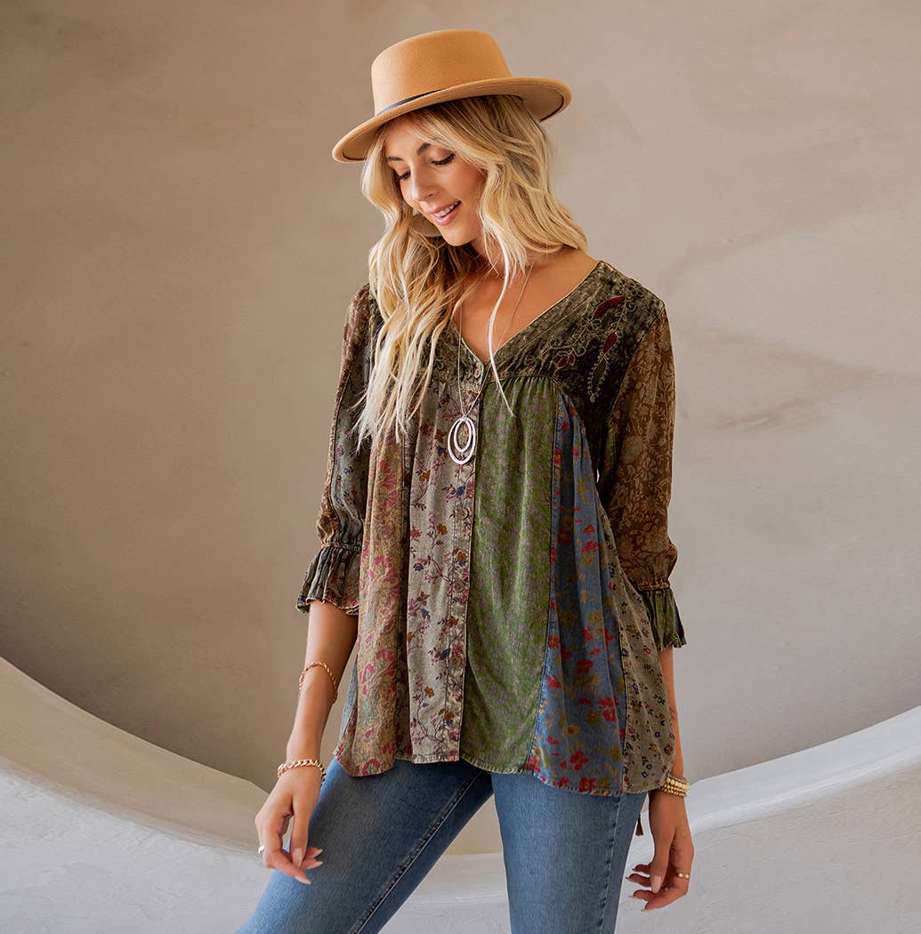 Vintage Bohemian : Patchwork Velvet Top SIZE - XS TO 3X New