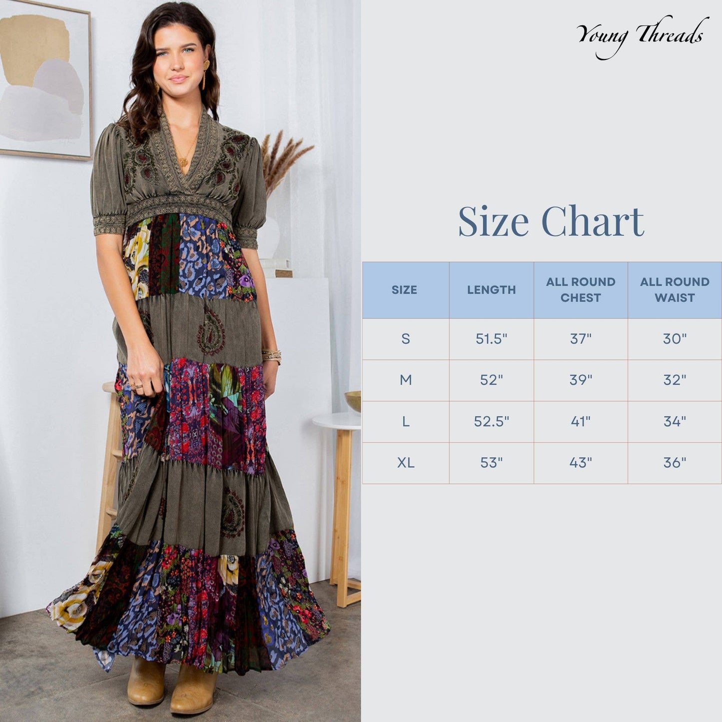 Eclectic Charm: Stone-Washed Rayon V-Neck Long Dress New