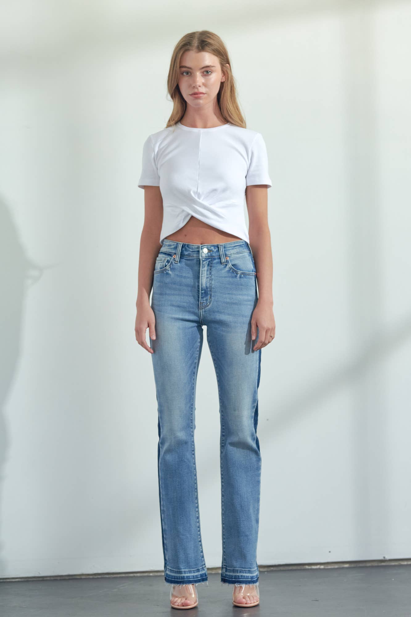 HIGH RISE STRETCH BOOTCUT W/RELEASED HEM & SIDE SHADOW JEANS