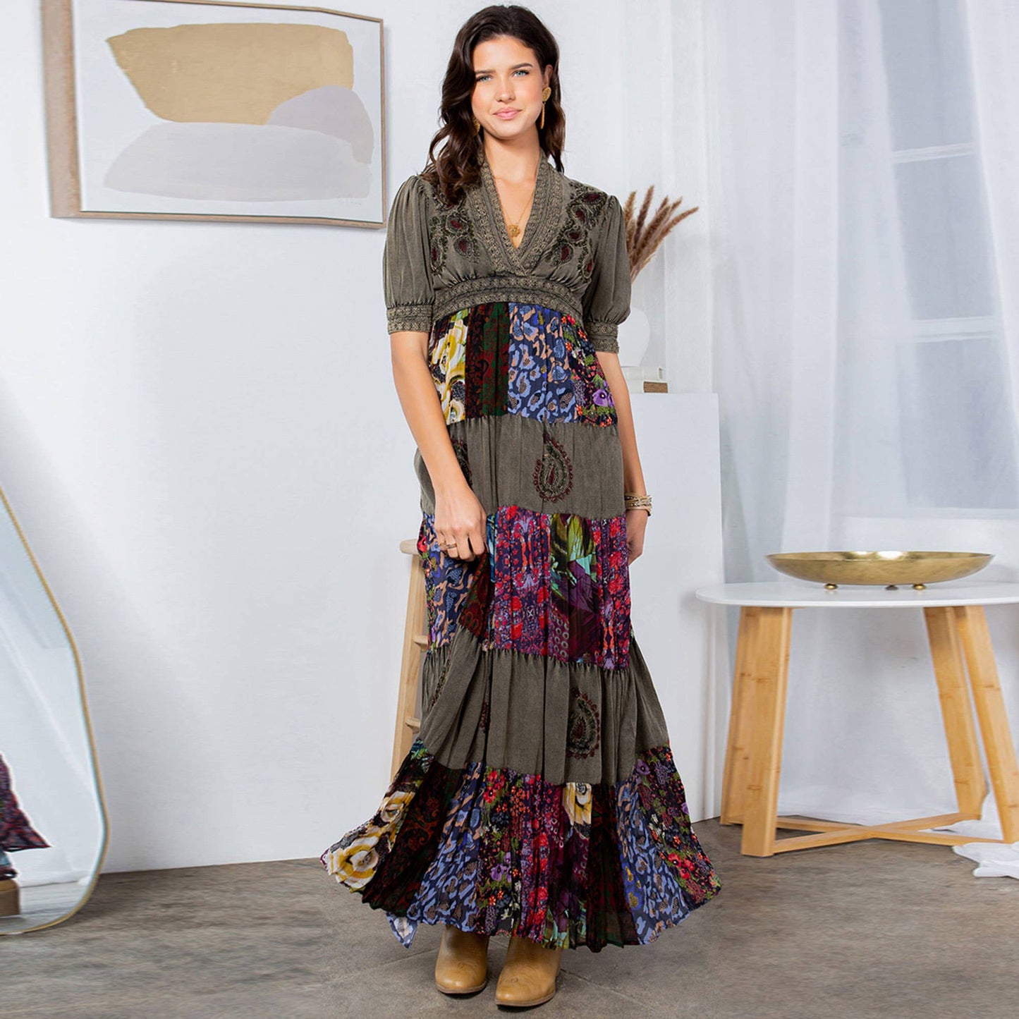 Eclectic Charm: Stone-Washed Rayon V-Neck Long Dress New