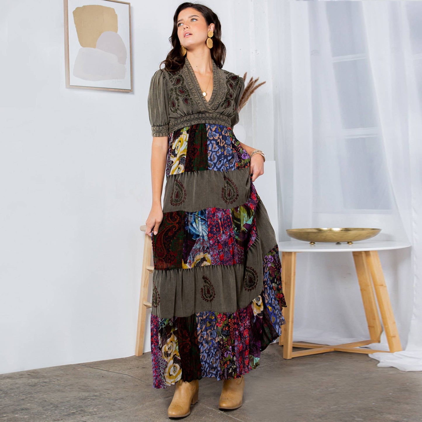 Eclectic Charm: Stone-Washed Rayon V-Neck Long Dress New