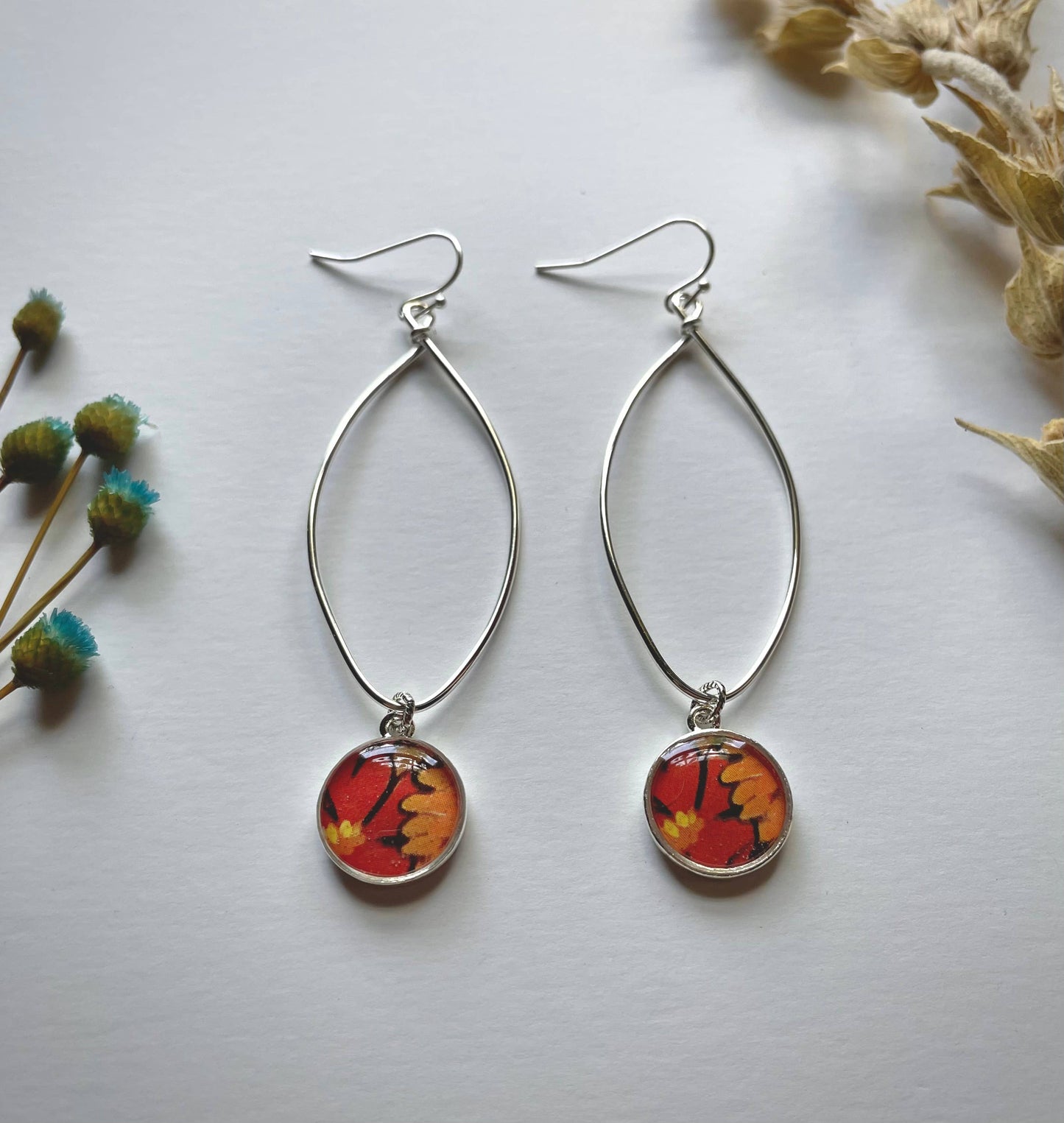 Silver Navette Drop Earrings - poppies, red orange flowers
