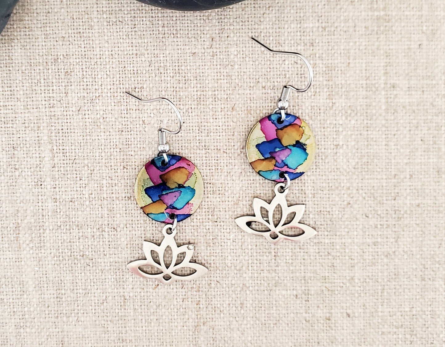 Alcohol Ink Stainless Steel Connector Lotus Earrings
