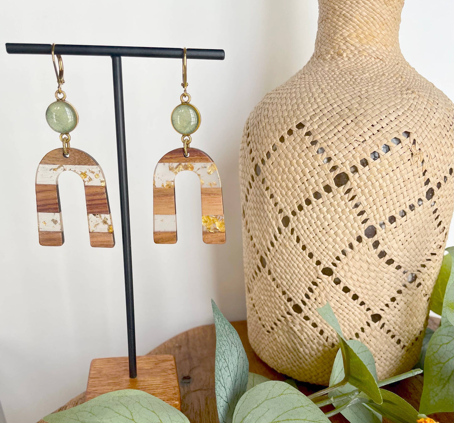 Arch shaped striped Earrings - fall collection, wood, resin