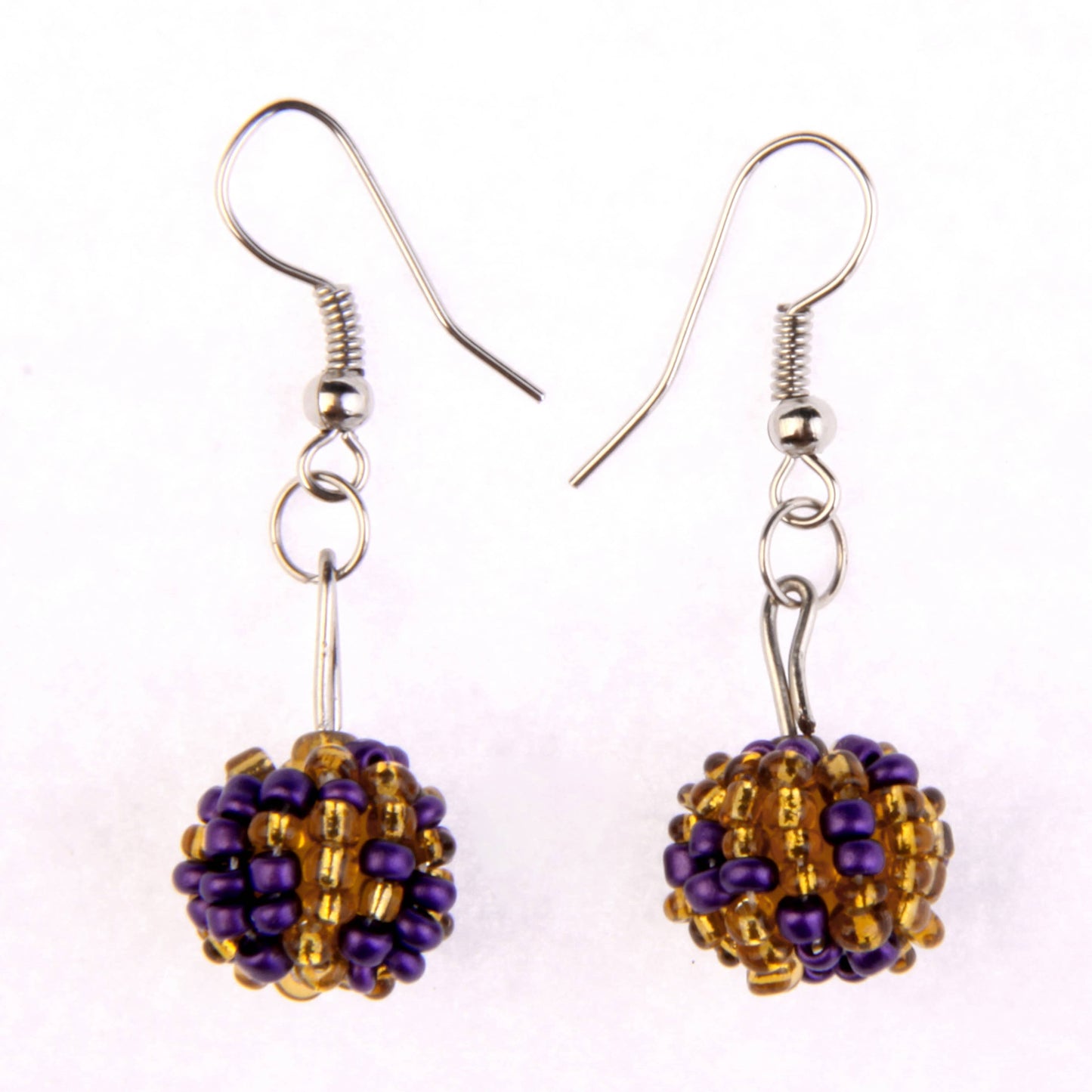 Game Day ball earring seed bead in purple & gold