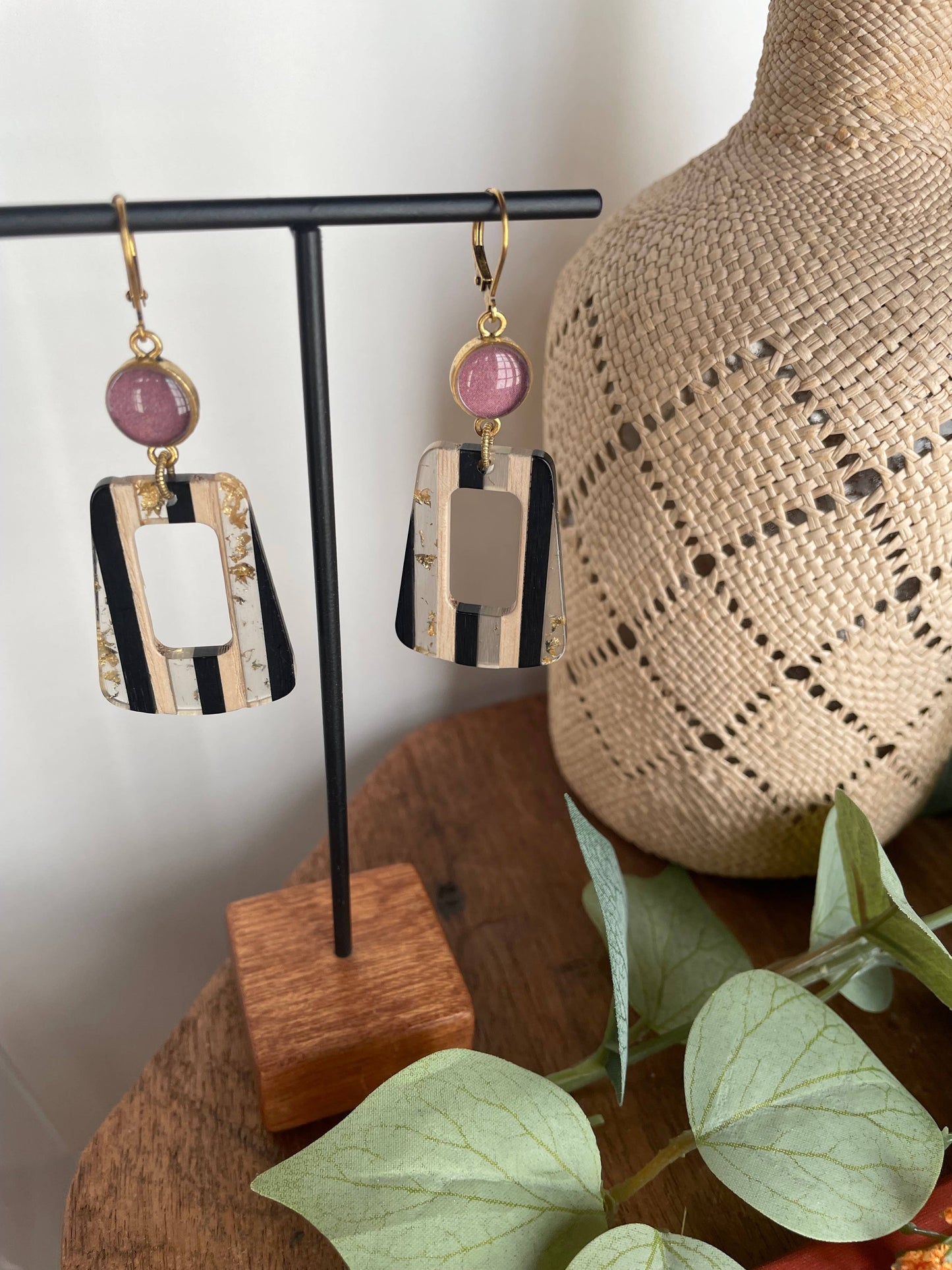 Mod Black, White Earrings - fall, gold, striped, colorblock