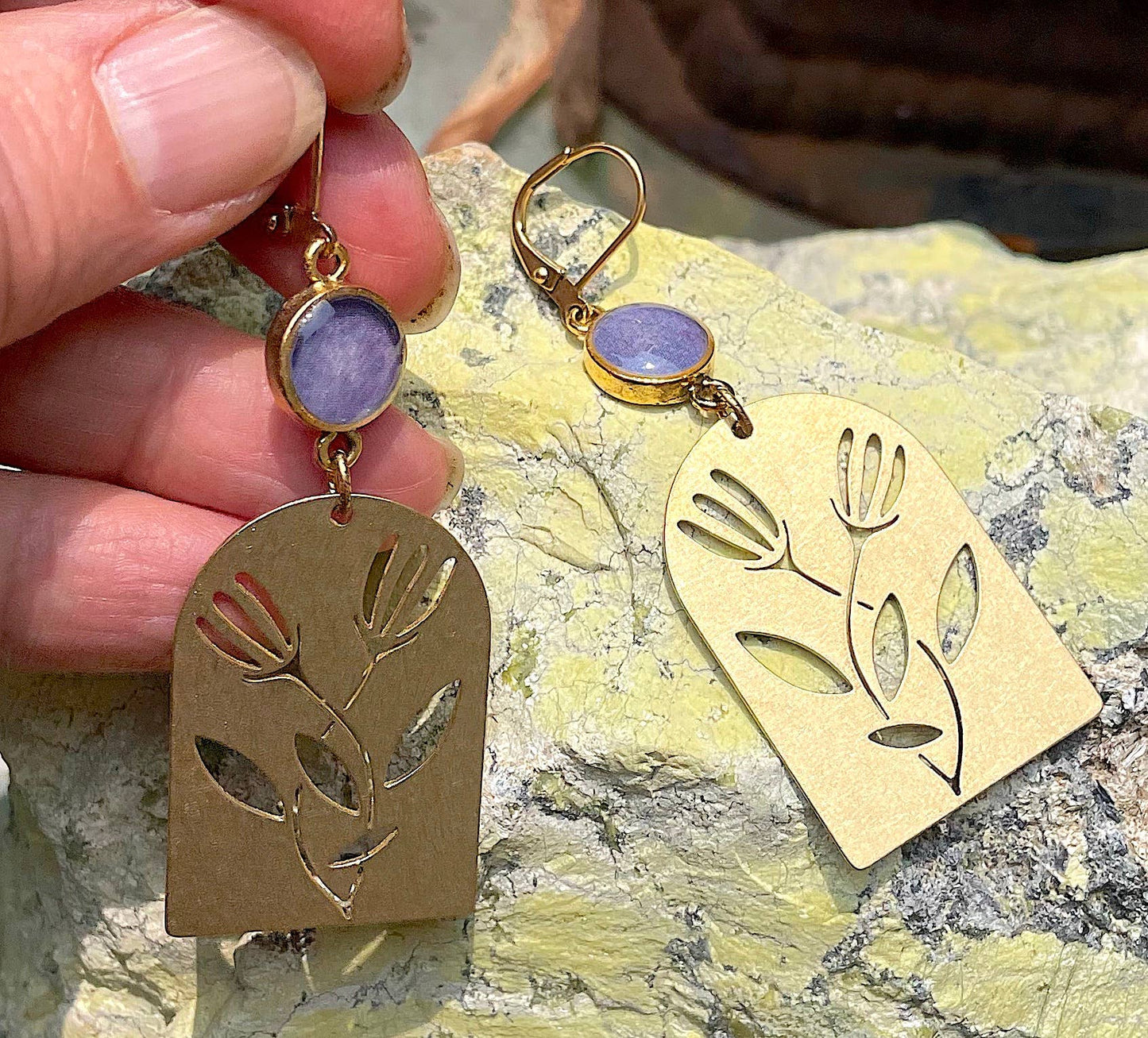 Gold & raw brass lotus drops - flowers, boho, aubergine