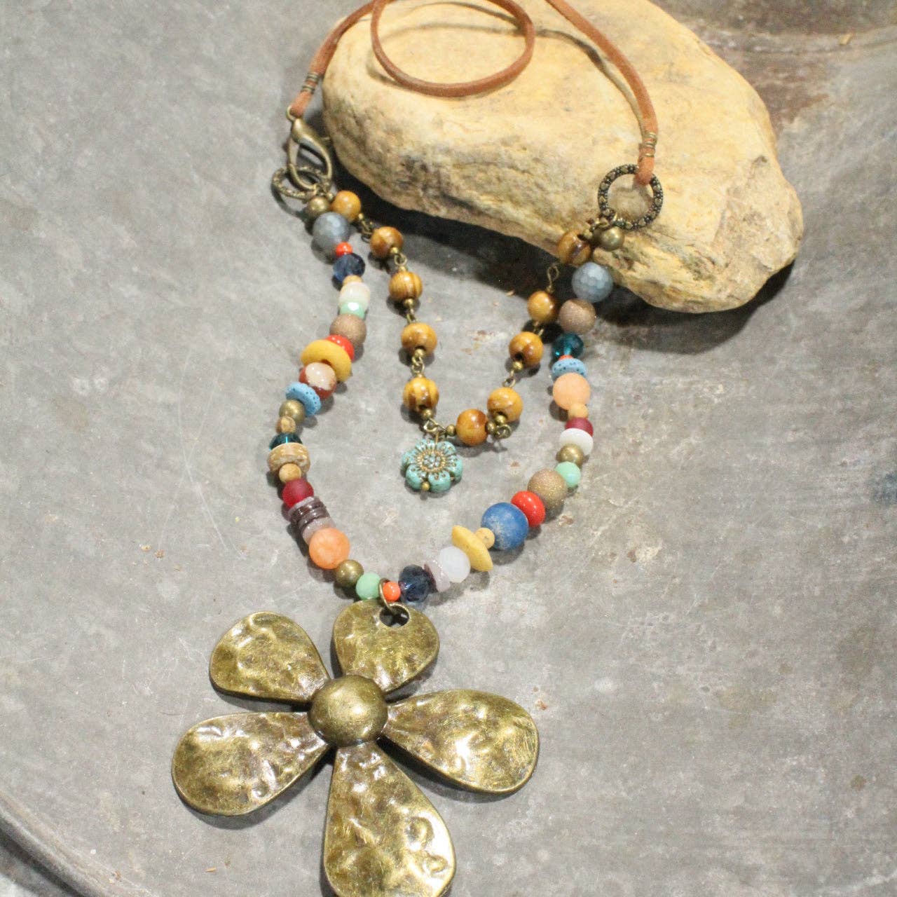 Fun In the Sun Flower Layered Leather Necklace