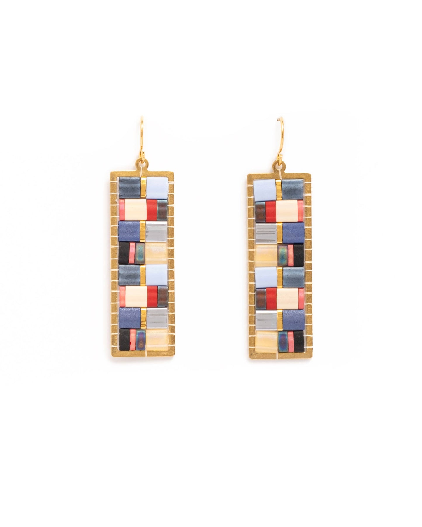 Beaded Handwoven Mosaic Tila and Brass Earrings (Blue/Red)